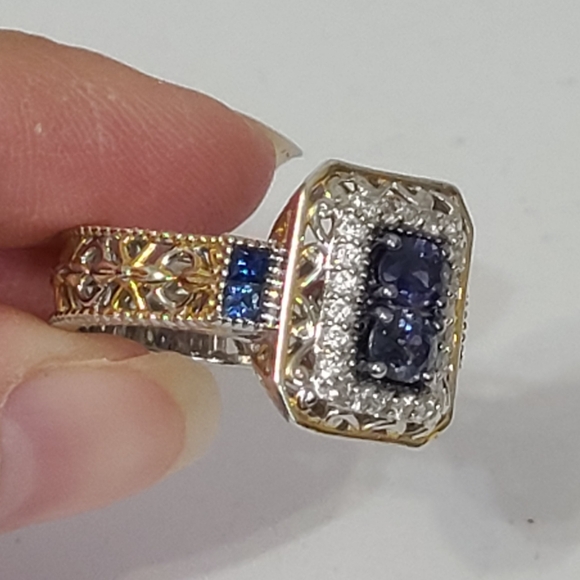Gems en Vogue Boho Mogok Blue Sapphire 24K Plated Sterling Silver Statement Ring - Picture 6 of 16